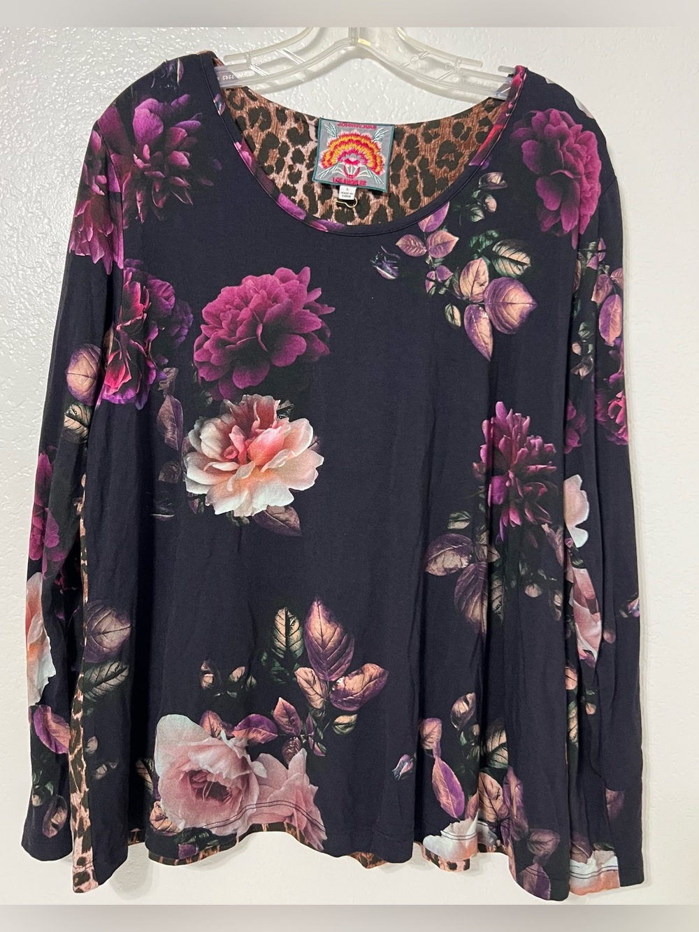 Johnny Was Los Angeles Floral Leopard Print Bamboo Top Romantic Soft Stretch